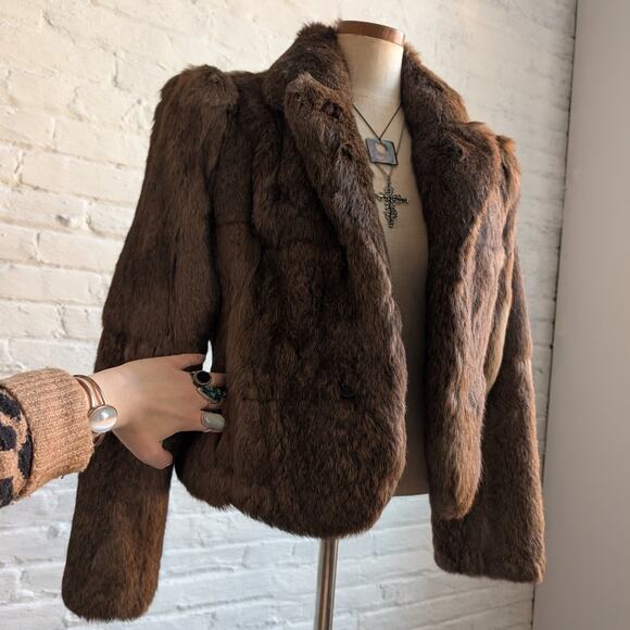 Vintage Brown Rabbit Fur Coat Crop Penny Lane Shaggy Furry Chic Mod Jacket - Picture 2 of 9
